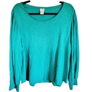 Chico's 3 Tunic Top Green Boho Elastic‎ Wrists L/S Batwing Round Hem XL